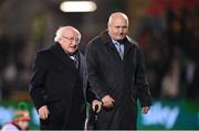 1 December 2023; President of Ireland Michael D Higgins, left, and FAI President Gerry McAnaney before the UEFA Women's Nations League B match between Republic of Ireland and Hungary at Tallaght Stadium in Dublin. Photo by Seb Daly/Sportsfile