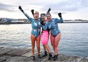 2 December 2023; From left, Elaine Quinn, Susan Osborne and Serena Grimes from South Dublin take part in the Sandycove Polar Plunge which saw participants get “Freezin’ for a Reason” to raise funds for Special Olympics Ireland athletes in an event sponsored by Gala Retail at Sandycove Beach in Dublin. Photo by David Fitzgerald/Sportsfile