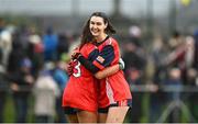 2 December 2023; Áine McCarthy of O'Donovan Rossa celebrates with teammate Éabha O'Donovan after the Currentaccount.ie All-Ireland Ladies Junior Club Championship semi-final match between O’Donovan Rossa of Cork and Gusserane of Wexford at O’Donovan Rossa GAA, Cork. Photo by Eóin Noonan/Sportsfile