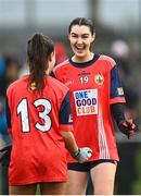 2 December 2023; Áine McCarthy of O'Donovan Rossa celebrates with teammate Éabha O'Donovan after the Currentaccount.ie All-Ireland Ladies Junior Club Championship semi-final match between O’Donovan Rossa of Cork and Gusserane of Wexford at O’Donovan Rossa GAA, Cork. Photo by Eóin Noonan/Sportsfile