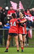 2 December 2023; Áine McCarthy of O'Donovan Rossa celebrates with teammate Kate O'Donovan after the Currentaccount.ie All-Ireland Ladies Junior Club Championship semi-final match between O’Donovan Rossa of Cork and Gusserane of Wexford at O’Donovan Rossa GAA, Cork. Photo by Eóin Noonan/Sportsfile
