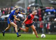 2 December 2023; Laura O'Mahony of O'Donovan Rossa in action against Amanda Power of Gusserane during the Currentaccount.ie All-Ireland Ladies Junior Club Championship semi-final match between O’Donovan Rossa of Cork and Gusserane of Wexford at O’Donovan Rossa GAA, Cork. Photo by Eóin Noonan/Sportsfile