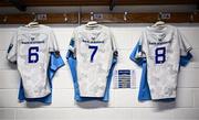 2 December 2023; The jerseys of the Leinster backrow are seen, from left, Max Deegan, Scott Penny and James Culhane before the United Rugby Championship match between Connacht and Leinster at the Sportsground in Galway. Photo by Harry Murphy/Sportsfile