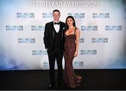 2 December 2023; Chris Forrester of St Patrick's Athletic with Ciara O'Keeffe on arrival at the PFA Ireland Awards 2023 at Anantara The Marker Dublin Hotel in Dublin. Photo by Stephen McCarthy/Sportsfile