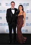 2 December 2023; Chris Forrester of St Patrick's Athletic with Ciara O'Keeffe on arrival at the PFA Ireland Awards 2023 at Anantara The Marker Dublin Hotel in Dublin. Photo by Stephen McCarthy/Sportsfile
