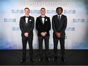 2 December 2023; PFA Ireland Men’s Player of the Year award nominees, from left, Chris Forrester, Ruairí Keating and Jonathan Afolabi on arrival at the PFA Ireland Awards 2023 at Anantara The Marker Dublin Hotel in Dublin. Photo by Stephen McCarthy/Sportsfile