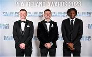 2 December 2023; PFA Ireland Men’s Player of the Year award nominees, from left, Chris Forrester, Ruairí Keating and Jonathan Afolabi on arrival at the PFA Ireland Awards 2023 at Anantara The Marker Dublin Hotel in Dublin. Photo by Stephen McCarthy/Sportsfile