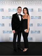 2 December 2023; PFA Ireland Men’s Premier Division Player of the Year nominee Ruairi Keating with Emily Luscombe on arrival at the PFA Ireland Awards 2023 at Anantara The Marker Dublin Hotel in Dublin. Photo by Stephen McCarthy/Sportsfile