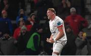 2 December 2023; Kieran Treadwell of Ulster celebrates his side's second try, scored by Tom Stewart, during the United Rugby Championship match between Ulster and Edinburgh at Kingspan Stadium in Belfast. Photo by Ramsey Cardy/Sportsfile