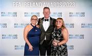 2 December 2023; PFA Ireland general secretary Stephen McGuinness with Louise Kearns and Fiona Kearns on arrival at the PFA Ireland Awards 2023 at Anantara The Marker Dublin Hotel in Dublin. Photo by Stephen McCarthy/Sportsfile