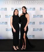 2 December 2023; Peamount United players Sadhbh Doyle, left, and Karen Duggan on arrival at the PFA Ireland Awards 2023 at Anantara The Marker Dublin Hotel in Dublin. Photo by Stephen McCarthy/Sportsfile