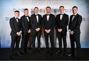 2 December 2023; Galway United players, from left, Edward McCarthy, Stephen Walsh, David Hurley, Rob Slevin, Killian Brouder, and Brendan Clarke, on arrival at the PFA Ireland Awards 2023 at Anantara The Marker Dublin Hotel in Dublin. Photo by Stephen McCarthy/Sportsfile