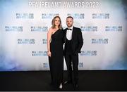 2 December 2023; Cobh Ramblers' Jack Doherty and Heather Dowley on arrival at the PFA Ireland Awards 2023 at Anantara The Marker Dublin Hotel in Dublin. Photo by Stephen McCarthy/Sportsfile