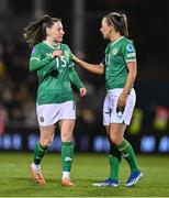 1 December 2023; Lucy Quinn, left, and Katie McCabe of Republic of Ireland during the UEFA Women's Nations League B match between Republic of Ireland and Hungary at Tallaght Stadium in Dublin. Photo by Ben McShane/Sportsfile