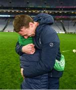 2 December 2023; O'Loughlin Gaels manager Brian Hogan celebrates with his son Jack, aged 10, after the AIB Leinster GAA Hurling Senior Club Championship final match between O'Loughlin Gaels, Kilkenny, and Na Fianna, Dublin, at Croke Park in Dublin. Photo by Stephen Marken/Sportsfile