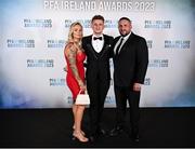 2 December 2023; Sam Curtis of St Patrick's Athletic with parents Darren and Lisa Curtis on arrival at the PFA Ireland Awards 2023 at Anantara The Marker Dublin Hotel in Dublin. Photo by Stephen McCarthy/Sportsfile