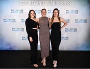 2 December 2023; Athlone Town players, from left, Roisin Molloy, Madie Gibson and Dana Scheriff on arrival at the PFA Ireland Awards 2023 at Anantara The Marker Dublin Hotel in Dublin. Photo by Stephen McCarthy/Sportsfile