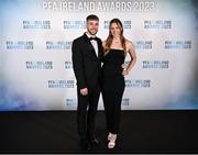 2 December 2023; Dana Scheriff of Athlone Town and Deniels Voitkevics on arrival at the PFA Ireland Awards 2023 at Anantara The Marker Dublin Hotel in Dublin. Photo by Stephen McCarthy/Sportsfile