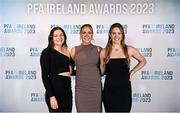2 December 2023; Athlone Town players, from left, Roisin Molloy, Madie Gibson and Dana Scheriff on arrival at the PFA Ireland Awards 2023 at Anantara The Marker Dublin Hotel in Dublin. Photo by Stephen McCarthy/Sportsfile