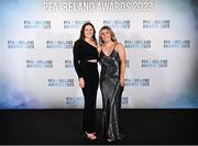 2 December 2023; Athlone Town players Roisin Molloy, left, and Laurie Ryan on arrival at the PFA Ireland Awards 2023 at Anantara The Marker Dublin Hotel in Dublin. Photo by Stephen McCarthy/Sportsfile