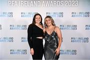 2 December 2023; Athlone Town players Roisin Molloy, left, and Laurie Ryan on arrival at the PFA Ireland Awards 2023 at Anantara The Marker Dublin Hotel in Dublin. Photo by Stephen McCarthy/Sportsfile