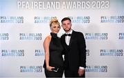 2 December 2023; Waterford's Ryan Burke and Tori Fitzgerald on arrival at the PFA Ireland Awards 2023 at Anantara The Marker Dublin Hotel in Dublin. Photo by Stephen McCarthy/Sportsfile