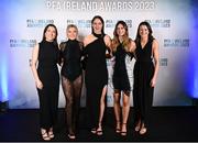 2 December 2023; Peamount United players, from left, Sadhbh Doyle, Avril Brierley, Karen Duggan, Lauryn O'Callaghan, and Jetta Berrill on arrival at the PFA Ireland Awards 2023 at Anantara The Marker Dublin Hotel in Dublin. Photo by Stephen McCarthy/Sportsfile