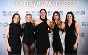 2 December 2023; Peamount United manager James O'Callaghan, centre, with players, from left, Sadhbh Doyle, Avril Brierley, Jetta Berrill, Lauryn O'Callaghan, Karen Duggan, and guest Vivienne Bond on arrival at the PFA Ireland Awards 2023 at Anantara The Marker Dublin Hotel in Dublin. Photo by Stephen McCarthy/Sportsfile