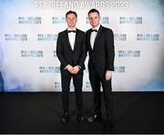2 December 2023; Recently retired Shelbourne captain Luke Byrne, left, and PFA Ireland chairperson Brendan Clarke on arrival at the PFA Ireland Awards 2023 at Anantara The Marker Dublin Hotel in Dublin. Photo by Stephen McCarthy/Sportsfile