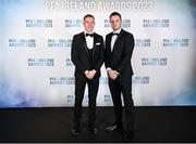 2 December 2023; Jack Moylan of Shelbourne, left, and PFA Ireland chairperson Brendan Clarke on arrival at the PFA Ireland Awards 2023 at Anantara The Marker Dublin Hotel in Dublin. Photo by Stephen McCarthy/Sportsfile