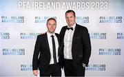 2 December 2023; St Patrick's Athletic manager Jon Daly, right, and assistant manager Sean O'Connor on arrival at the PFA Ireland Awards 2023 at Anantara The Marker Dublin Hotel in Dublin. Photo by Stephen McCarthy/Sportsfile