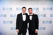 2 December 2023; Waterford players Ronan Coughlan, left, and Ryan Burke on arrival at the PFA Ireland Awards 2023 at Anantara The Marker Dublin Hotel in Dublin. Photo by Stephen McCarthy/Sportsfile