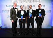 2 December 2023; PFA Ireland general secretary Stephen McGuinness, left, with referees of the Year, from left, Chris Sheehan with the PFA Ireland Women’s Premier Division Referee of the Year award, Neil Doyle with the PFA Ireland Men’s Premier Division Referee of the Year award, and Alan Patchell with the PFA Ireland Men’s First Division Referee of the Year award during the PFA Ireland Awards 2023 at Anantara The Marker Dublin Hotel in Dublin. Photo by Stephen McCarthy/Sportsfile