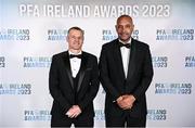 2 December 2023; Republic of Ireland U21 manager Jim Crawford, left, and Republic of Ireland U16 manager Paul Osam on arrival at the PFA Ireland Awards 2023 at Anantara The Marker Dublin Hotel in Dublin. Photo by Stephen McCarthy/Sportsfile