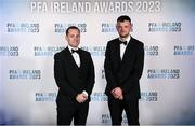 2 December 2023; League of Ireland director Mark Scanlon, left, and League of Ireland communications executive Gavin White on arrival at the PFA Ireland Awards 2023 at Anantara The Marker Dublin Hotel in Dublin. Photo by Stephen McCarthy/Sportsfile