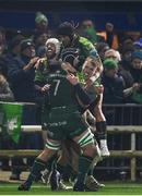 2 December 2023; David Hawkshaw of Connacht, right, celebrates with teammates after scoring his side's first try during the United Rugby Championship match between Connacht and Leinster at the Sportsground in Galway. Photo by Harry Murphy/Sportsfile