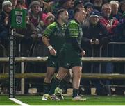 2 December 2023; David Hawkshaw of Connacht, right, celebrates with teammate Caolin Blade after scoring his side's first try during the United Rugby Championship match between Connacht and Leinster at the Sportsground in Galway. Photo by Harry Murphy/Sportsfile