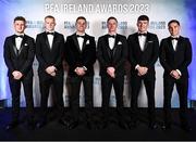 2 December 2023; St Patrick's Athletic players, from left, Sam Curtis, Tom Grivosti, Ruairí Keating, Chris Forrester, Joe Redmond and Anto Breslin during the PFA Ireland Awards 2023 at Anantara The Marker Dublin Hotel in Dublin. Photo by Stephen McCarthy/Sportsfile