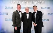2 December 2023; PFA Ireland general secretary Stephen McGuinness, left, with Harry McCue and Martin Lawlor during the PFA Ireland Awards 2023 at Anantara The Marker Dublin Hotel in Dublin. Photo by Stephen McCarthy/Sportsfile