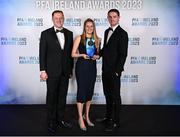 2 December 2023; Barry Ferguson, right, and wife Sarah, accept the PFA Ireland Irish Overseas Men's Player of the Year award on behalf of their son Evan Ferguson, from Minister of State for Sport Thomas Byrne TD, left, during the PFA Ireland Awards 2023 at Anantara The Marker Dublin Hotel in Dublin. Photo by Stephen McCarthy/Sportsfile