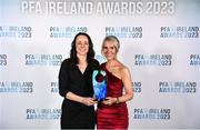 2 December 2023; Áine O'Gorman accepts the PFA Ireland International Women's Player of the Year award on behalf of Katie McCabe, alongside PFA Ireland's Simone Flannery during the PFA Ireland Awards 2023 at Anantara The Marker Dublin Hotel in Dublin. Photo by Stephen McCarthy/Sportsfile