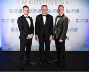 2 December 2023; PFA Ireland general secretary Stephen McGuinness, right, PFA Ireland chairperson Brendan Clarke, left, and Minister of State for Sport Thomas Byrne TD during the PFA Ireland Awards 2023 at Anantara The Marker Dublin Hotel in Dublin. Photo by Stephen McCarthy/Sportsfile