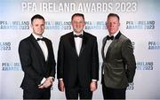 2 December 2023; PFA Ireland general secretary Stephen McGuinness, right, PFA Ireland chairperson Brendan Clarke, left, and Minister of State for Sport Thomas Byrne TD during the PFA Ireland Awards 2023 at Anantara The Marker Dublin Hotel in Dublin. Photo by Stephen McCarthy/Sportsfile