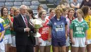 12 July 2004; An Taoiseach Bertie Ahern in jovial mood with captains from each county at the launch of the Ladies Football Championship, Croke Park, Dublin. Picture credit; Pat Murphy / SPORTSFILE