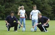 14 July 2004; O2 Ireland today launched the O2 Summer Rugby Camps that will take place in Dublin, Limerick and Cork on July 21st and Galway on 22nd 2004.  Irish International players Brian OÕDriscoll, Shane Byrne, Alan Quinlan, Peter Stringer, Paul OÕConnell and Marcus Horan and Donncha OÕCallaghan will train participants at the camps. Pictured at the launch is Irish rugby internationals Donnacha O'Callaghan and Paul O'Connell with Lauren O'Loughlin and Niall Considine. Picture credit; Brendan Moran / SPORTSFILE