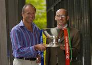 15 July 2004; Mayo manager John Maughan, left, and Roscommon manager Tommy Carr with the Nestor Connacht Cup, at a photocall ahead of this weekend's Bank of Ireland Connacht Senior Football Championship final. Bank of Ireland Head Office, Baggot Street, Dublin. Picture credit; Damien Eagers / SPORTSFILE