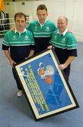 15 July 2004; Andy Lee, centre, from Limerick, Middleweight (-75kg) and Ireland's only qualified Olympic boxer, receives a presentation from Ireland's boxing gold medallist in Barcelona Michael Carruth, right, and training camp coach Zaur Antia, to mark Andy's departure to training camps and next month's Summer Olympic Games in Athens at a reception in the National Stadium, Dublin. Picture credit; Brendan Moran / SPORTSFILE