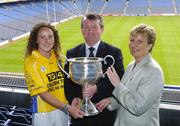 12 July 2004; Geraldine Giles, President of the Ladies Football Association, and Pol O'Gallchoir, TG4 Chief Executive, with Roscommon captain Annette McGeeney at the launch of the TG4 2004 Ladies Football Championship, Croke Park, Dublin. Picture credit; David Maher / SPORTSFILE