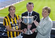 12 July 2004; Geraldine Giles, President of the Ladies Football Association, and Pol O'Gallchoir, TG4 Chief Executive, with Kilkenny captain Nelle Curran at the launch of the TG4 2004 Ladies Football Championship, Croke Park, Dublin. Picture credit; David Maher / SPORTSFILE