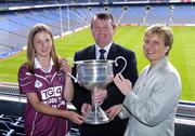 12 July 2004; Geraldine Giles, President of the Ladies Football Association, and Pol O'Gallchoir, TG4 Chief Executive, with Westmeath captain Niamh Mulligan at the launch of the TG4 2004 Ladies Football Championship, Croke Park, Dublin. Picture credit; David Maher / SPORTSFILE